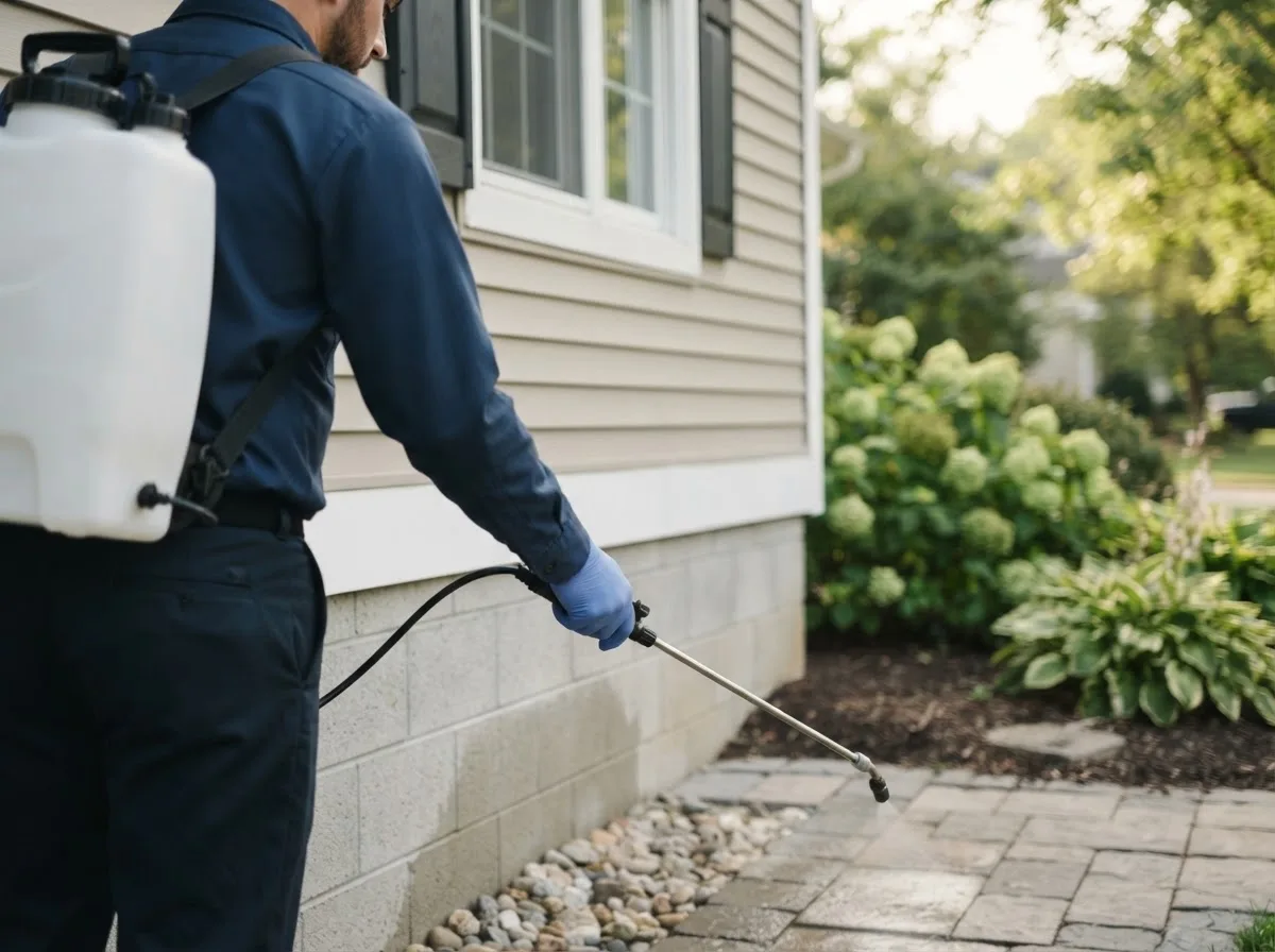 Pest control technician inspecting a home in Lisbon, NY